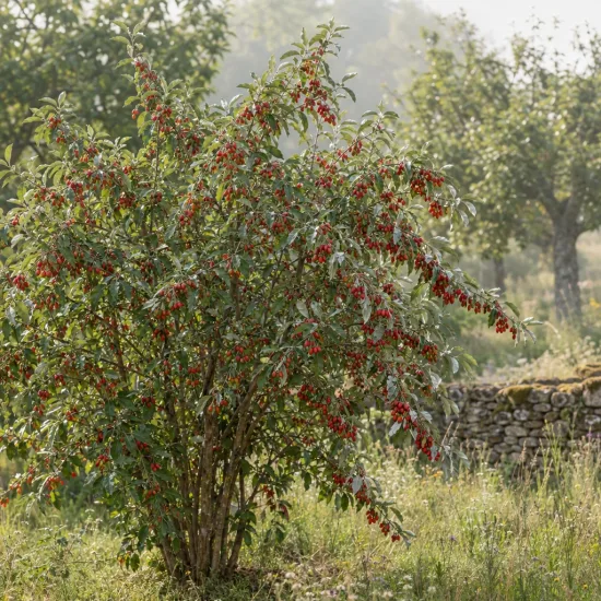Goumi du japon à baies rouges 'Sweet scarlet' (Eleagnus multiflora) — arbuste chargé de petites baies rouges au jardin · Photo d'illustration