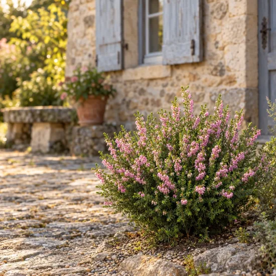 Bruyère 'Rose' (Erica darleyensis) — touffe fleurie sur terrasse en pierre devant maison · Photo d'illustration