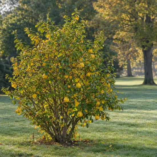 Cognassier 'Cameo' (Chaenomeles superba) — arbuste arrondi couvert de gros fruits jaunes · Photo d'illustration