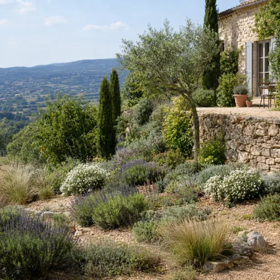 Sauge arbustive blanche 'White' (Salvia greggi) — massif méditerranéen en terrasse devant maison en pierre · Photo d'illustration