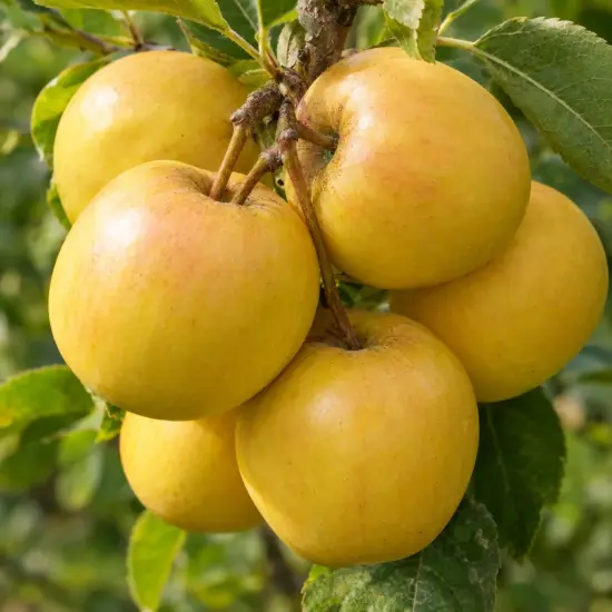 Pommier 'Nain golden sun' (Malus domestica) — gros plan de pommes jaunes sur branche feuillue