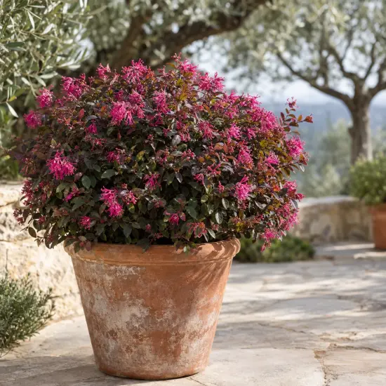 Loropétale de chine 'Fede' (Loropetalum chinense) — arbuste fleuri rose en pot sur terrasse