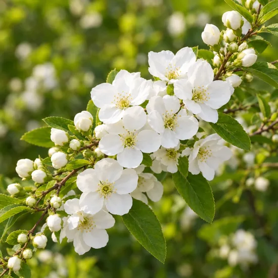 Exochordes 'The bride' (Exochorda macrantha) — grappe de petites fleurs blanches et boutons · Photo d'illustration