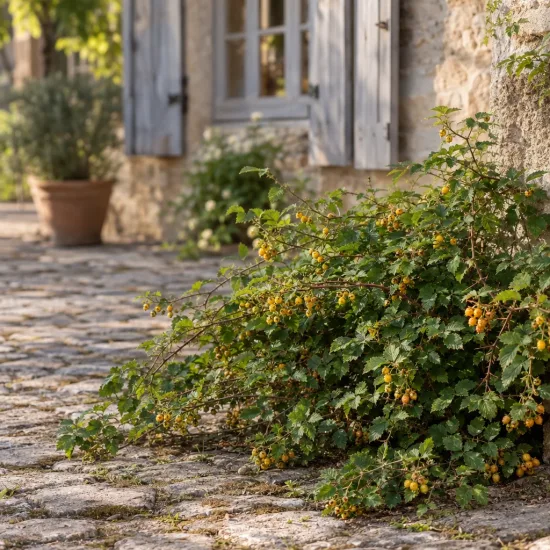 Ronce à fruits jaunes (Rubus xanthocarpus) — roncier à petits fruits jaunes contre un mur · Photo d'illustration