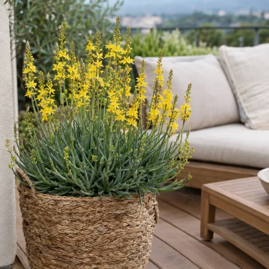 Bulbine jaune 'Yellow' (Bulbine caulescens) — touffe dense de tiges vertes à fleurs jaunes · Photo d'illustration