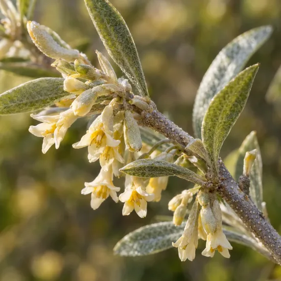 Chalef d'automne (Eleagnus umbellata) — grappe de petites fleurs claires et feuillage argenté · Photo d'illustration