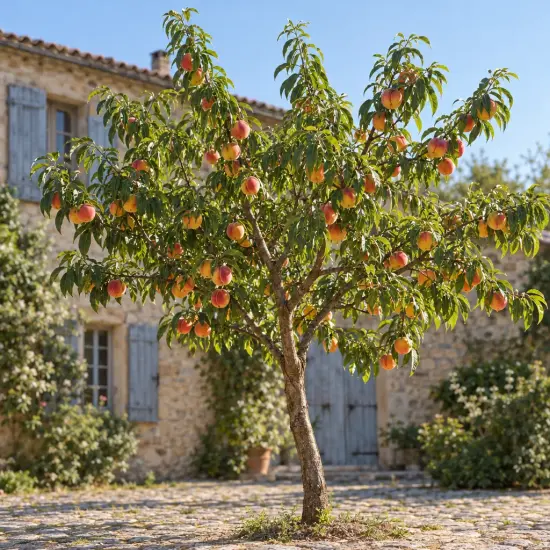 Pêcher 'J h hale' (Prunus persica) — arbre fruitier chargé de fruits colorés