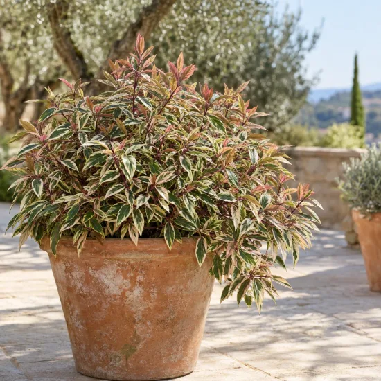 Leucothoé 'White water' (Leucothoe fontanesiana) — arbuste compact au feuillage panaché en pot · Photo d'illustration