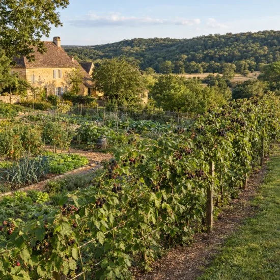 Murier 'Dirksen' (Rubus fruticosus) — rangée de ronces fruitières dans potager campagnard · Photo d'illustration