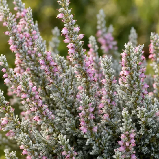 Bruyère commune 'Silver knight rose' (Calluna vulgaris) — grappes de petites fleurs roses sur feuillage argenté
