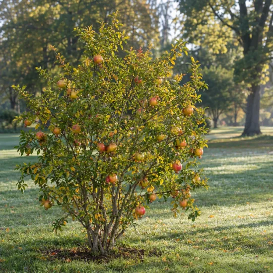 Grenadier à fruit 'Belbek' (Punica granatum) — arbuste fruitier isolé sur pelouse au parc · Photo d'illustration