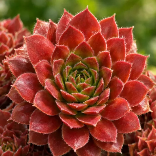 Joubarbe rouge 'Belsemred1' (Sempervivum) — rosette dense de feuilles rouges duveteuses · Photo d'illustration