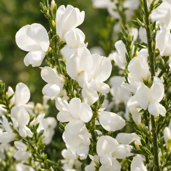 Genêt 'Albus' (Cytisus praecox) — grappes de petites fleurs blanches ouvertes · Photo d'illustration
