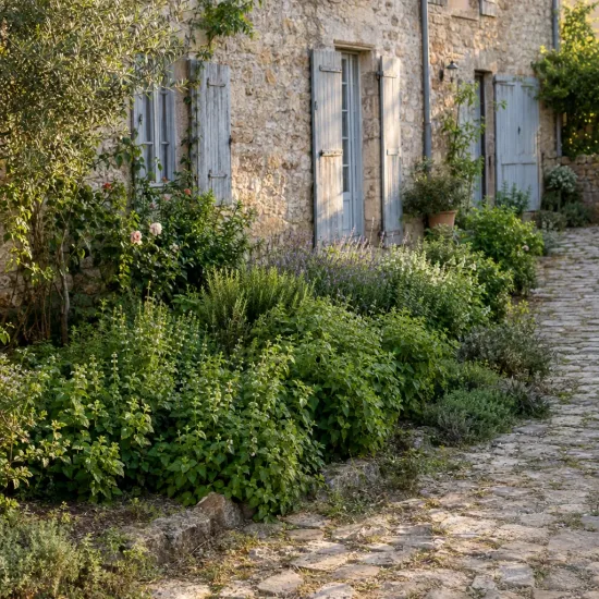 Mélisse citronnelle (Melissa officinalis) — massif de plantes vivaces le long d’une maison en pierre · Photo d'illustration