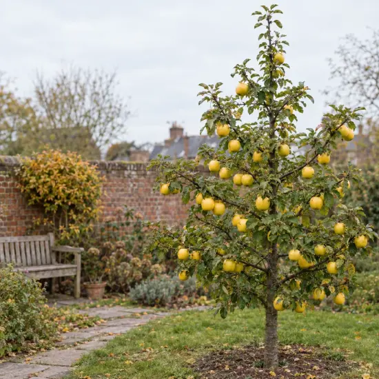 Pommier 'Goldrush delisdor' (Malus domestica) — petit arbre fruitier chargé de pommes jaunes