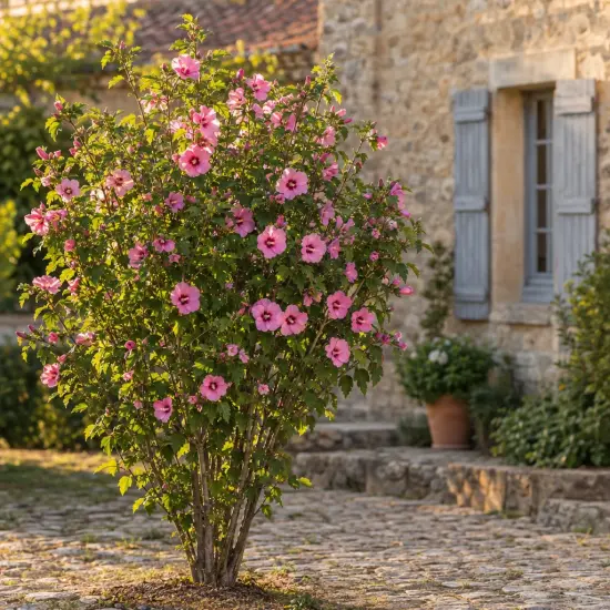 Hibiscus 'Woodbridge' (Hibiscus syriacus) — arbuste fleuri rose devant maison en pierre