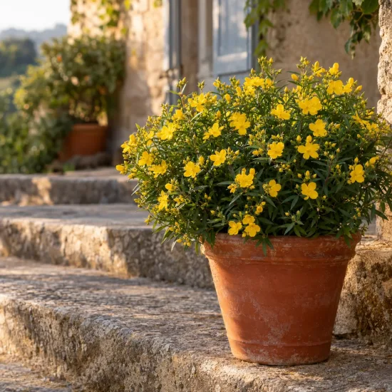 Millepertuis 'Gemo' (Hypericum kalmianum) — pot en terre cuite avec fleurs jaunes sur marches · Photo d'illustration