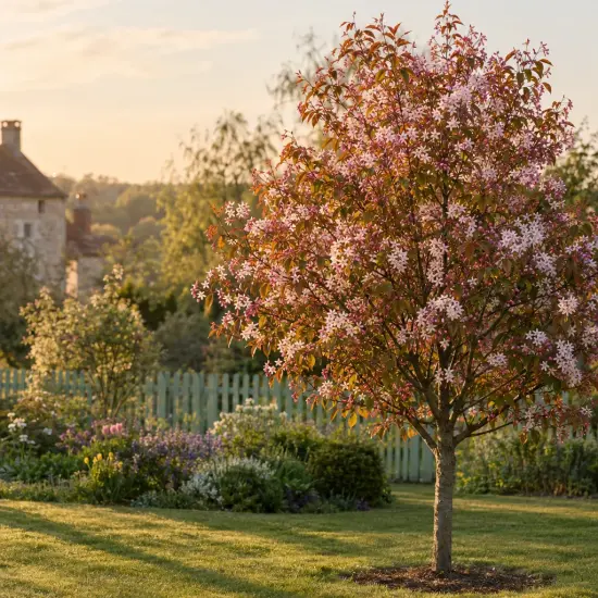 Amélanchier à feuille d'aulne 'Robin hill' (Amelanchier arborea) — arbre en fleurs isolé dans un jardin