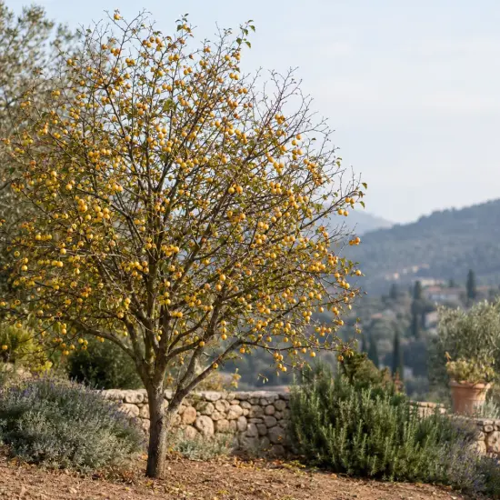 Pommier 'Winter gold' (Malus sieboldii) — arbre couvert de petits fruits jaunes au jardin