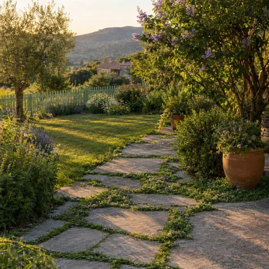 Menthe corse (Mentha requienii) — allée de jardin en pierre bordée de massifs fleuris · Photo d'illustration