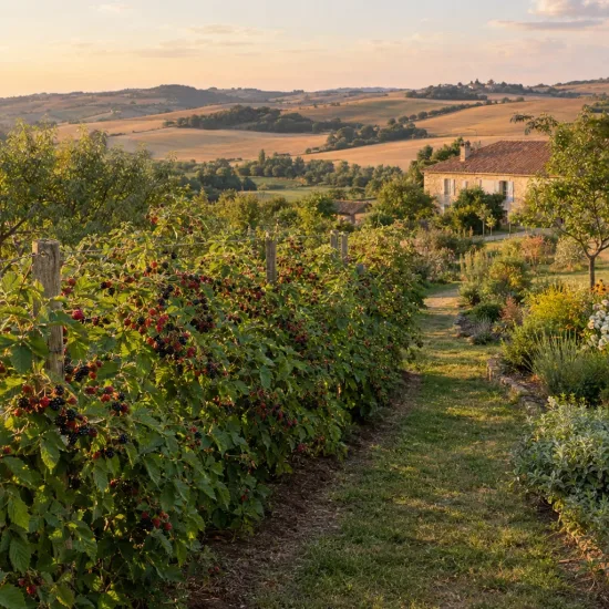 Murier 'Triple crown' (Rubus fruticosus) — rangées d'arbustes fruitiers dans un paysage campagnard · Photo d'illustration