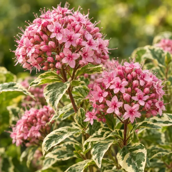 Clerodendron 'Pink diamond' (Clerodendron bungei) — gros plan d’inflorescences roses et feuillage panaché