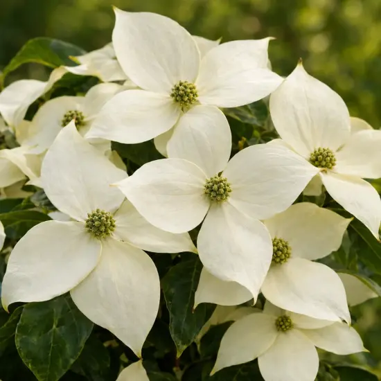 Cornouiller du japon 'Schmetterling' (Cornus kousa) — gros plan sur bractées blanches étoilées