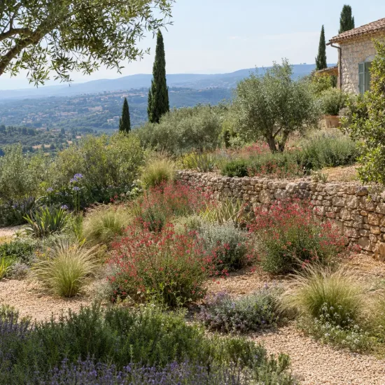 Gaura rouge 'Red color' (Gaura lindheimeri) — massif fleuri en pente dans jardin méditerranéen · Photo d'illustration