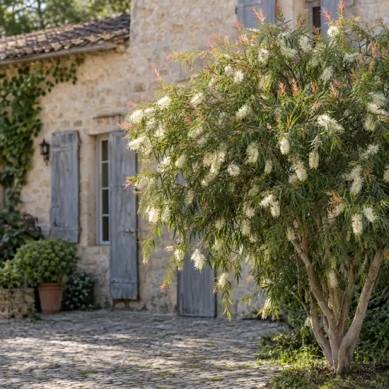 Rince-bouteilles (Callistemon) — grand arbuste fleuri devant maison en pierre