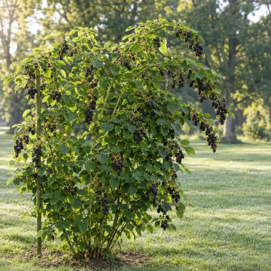 Murier 'Lochness' (Rubus fruticosus) — grand arbuste fruitier isolé sur pelouse · Photo d'illustration