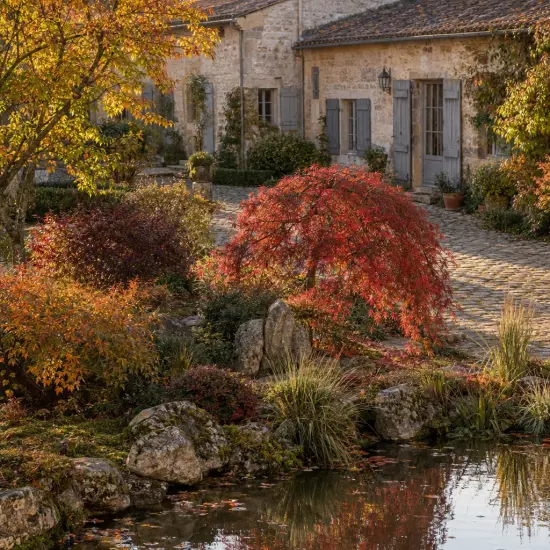 Érable du japon 'Diss. inabashidare' (Acer palmatum) — petit arbuste rouge pleureur près d’un bassin