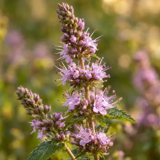 Menthe pamplemousse 'Grapefruit' (Mentha × piperita) — épi floral rose violacé, feuilles dentées vertes · Photo d'illustration