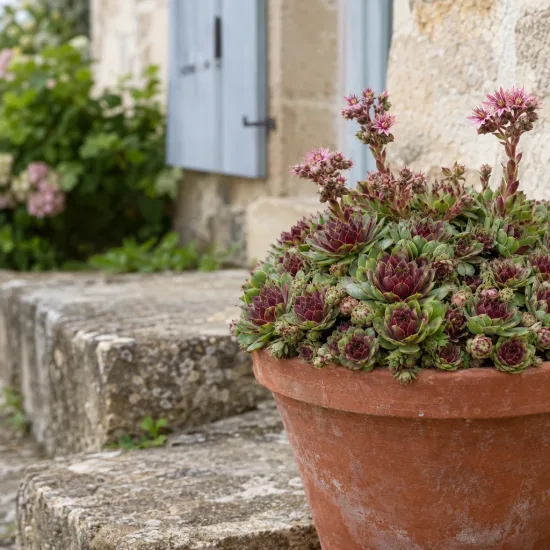 Joubarbe à rosette rouge 'Ruby hearts' (Sempervivum) — plante succulente en pot devant un mur en pierre · Photo d'illustration