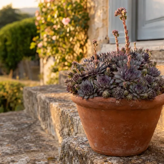 Succulente 'Chick charms grape galaxy' (Sempervivum) — succulente violette en pot sur marches en pierre · Photo d'illustration