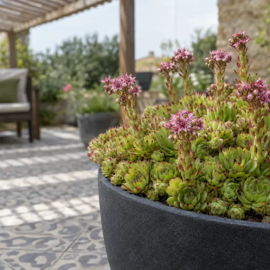 Joubarbe à rosette vert fluo 'Key lime kiss' (Sempervivum) — touffe de succulentes vertes fleuries en pot · Photo d'illustration