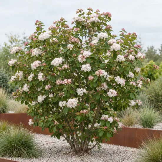 Viorne (Viburnum carcephalum) — arbuste fleuri isolé dans un massif minéral