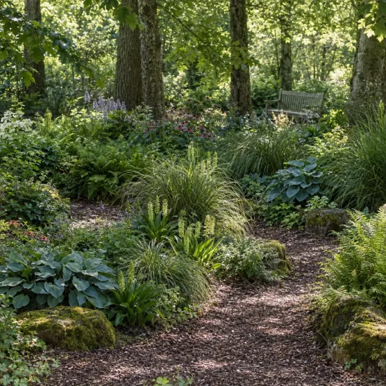 Plante ananas (Eucomis autumnalis) — massif de vivaces ombragées le long d'un sentier · Photo d'illustration