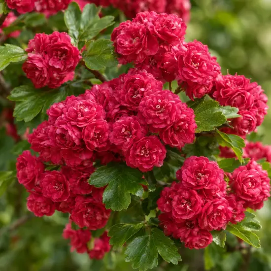 Aubépine 'Paul s scarlet' (Crataegus laevigata) — grappes de petites fleurs doubles rouges
