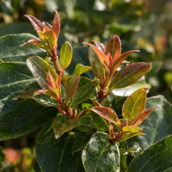 Viorne tin 'Eve price' (Viburnum tinus) — jeunes pousses colorées sur feuillage brillant