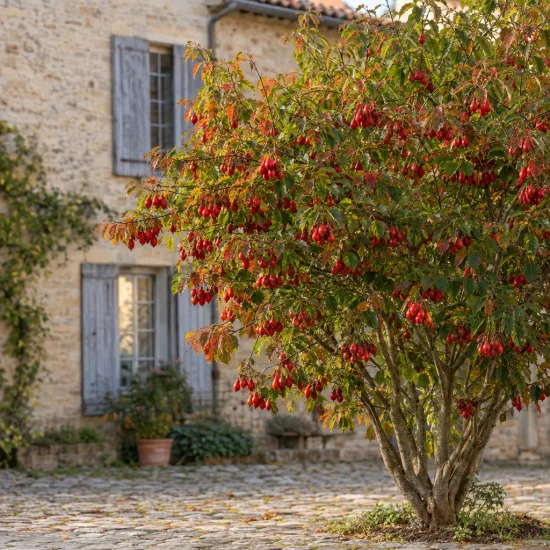 Cornouiller mâle à gros fruits 'Kazanlak' (Cornus mas) — arbuste chargé de fruits rouges devant maison en pierre · Photo d'illustration