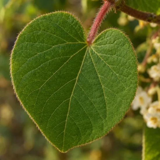 Kiwi 'Male' (Actinidia) — grand limbe foliaire velu en forme de cœur · Photo d'illustration