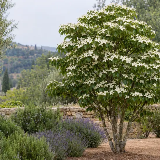 Cornouiller du japon 'Schmetterling' (Cornus kousa) — arbre fleuri isolé dans un jardin