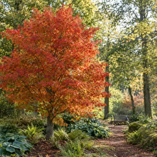 Érable rouge 'Rubrum' (Acer) — arbre au feuillage rouge orangé dans un jardin