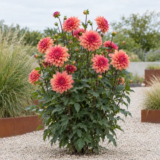 Dahlia décoratif château de la bourdaisière 'Château de la bourdaisière' (Dahlia decorativus) — grand massif fleuri aux grandes fleurs bicolores · Photo d'illustration