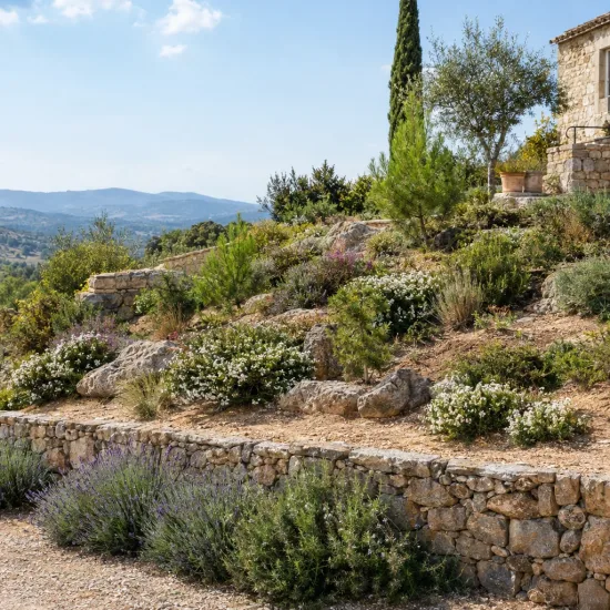 Bruyère 'White perfection' (Erica) — massif de plantes fleuries sur talus en pierre · Photo d'illustration