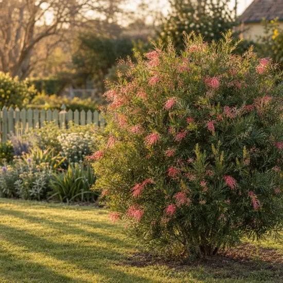 Grévilléa 'Killer frost' (Grevillea) — grand arbuste fleuri isolé dans un jardin