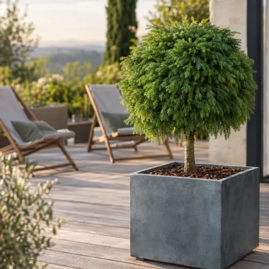 Cèdre du japon 'Little champion' (Cryptomeria japonica) — petit conifère taillé en boule sur terrasse