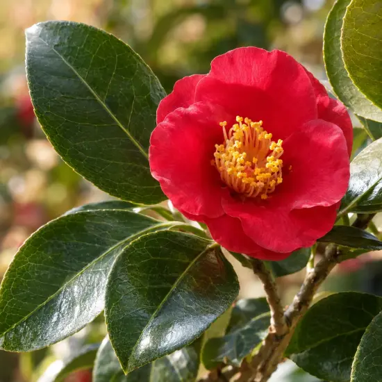 Camélia 'Mary williams rouge' (Camellia reticulata) — fleur rouge épanouie avec feuillage brillant