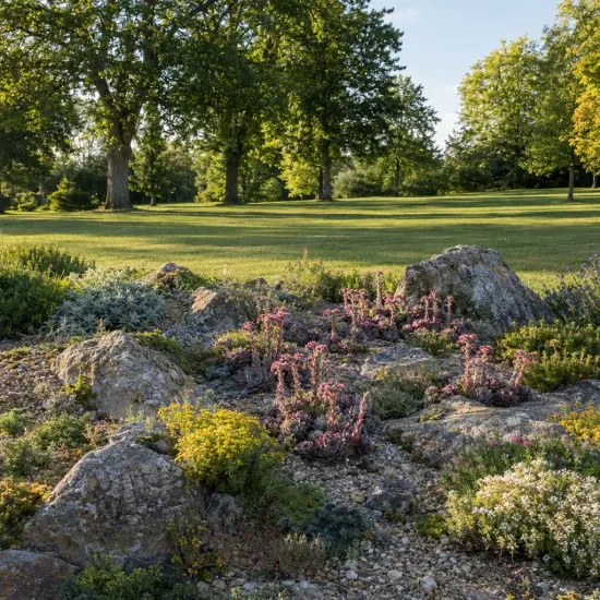 Joubarbe 'Bigsam® purple quartz' (Sempervivum) — massif rocailleux avec petites plantes fleuries roses