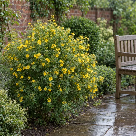 Potentille jaune d'or 'Jackman' (Potentilla fructicosa) — buisson fleuri à petites fleurs jaunes dans un jardin · Photo d'illustration